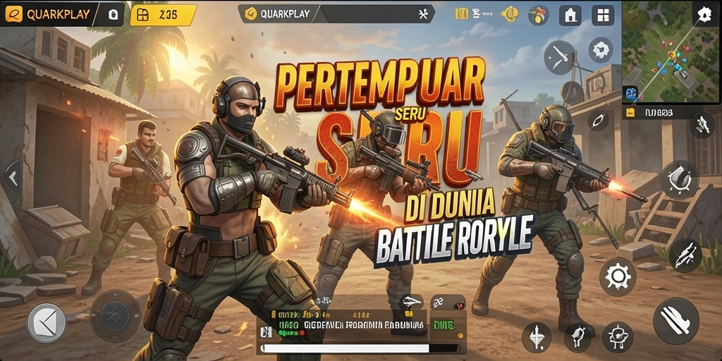 Tangkapan layar utama dari QUARKPLAY memperlihatkan pertempuran epik di arena Battle Royale.