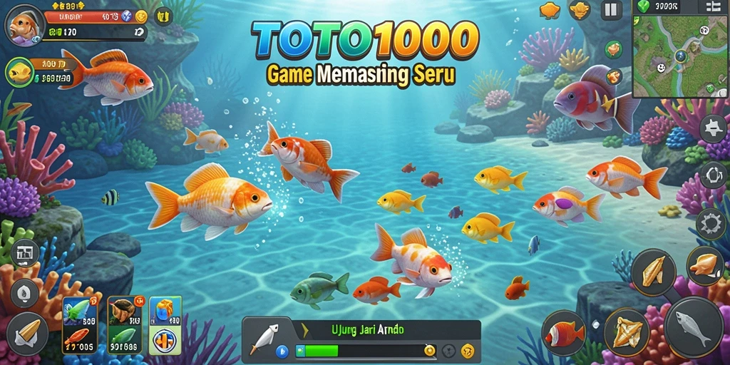 Screenshot utama TOTO1000 menampilkan pemain saat menangkap ikan di laut.